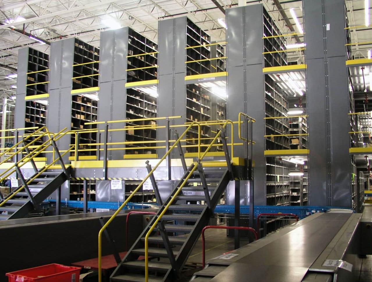 Industrial mezzanine floor with stairs and selective racking